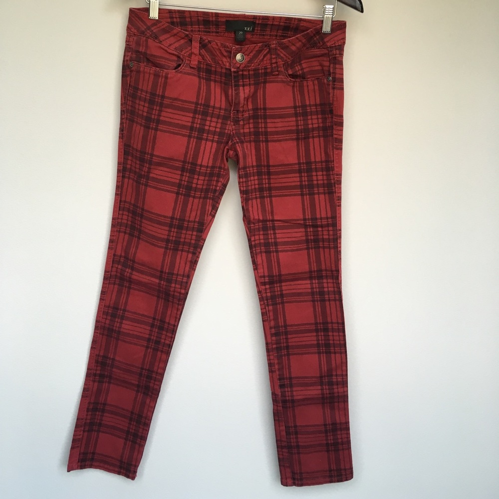 Red plaid skinny jeans